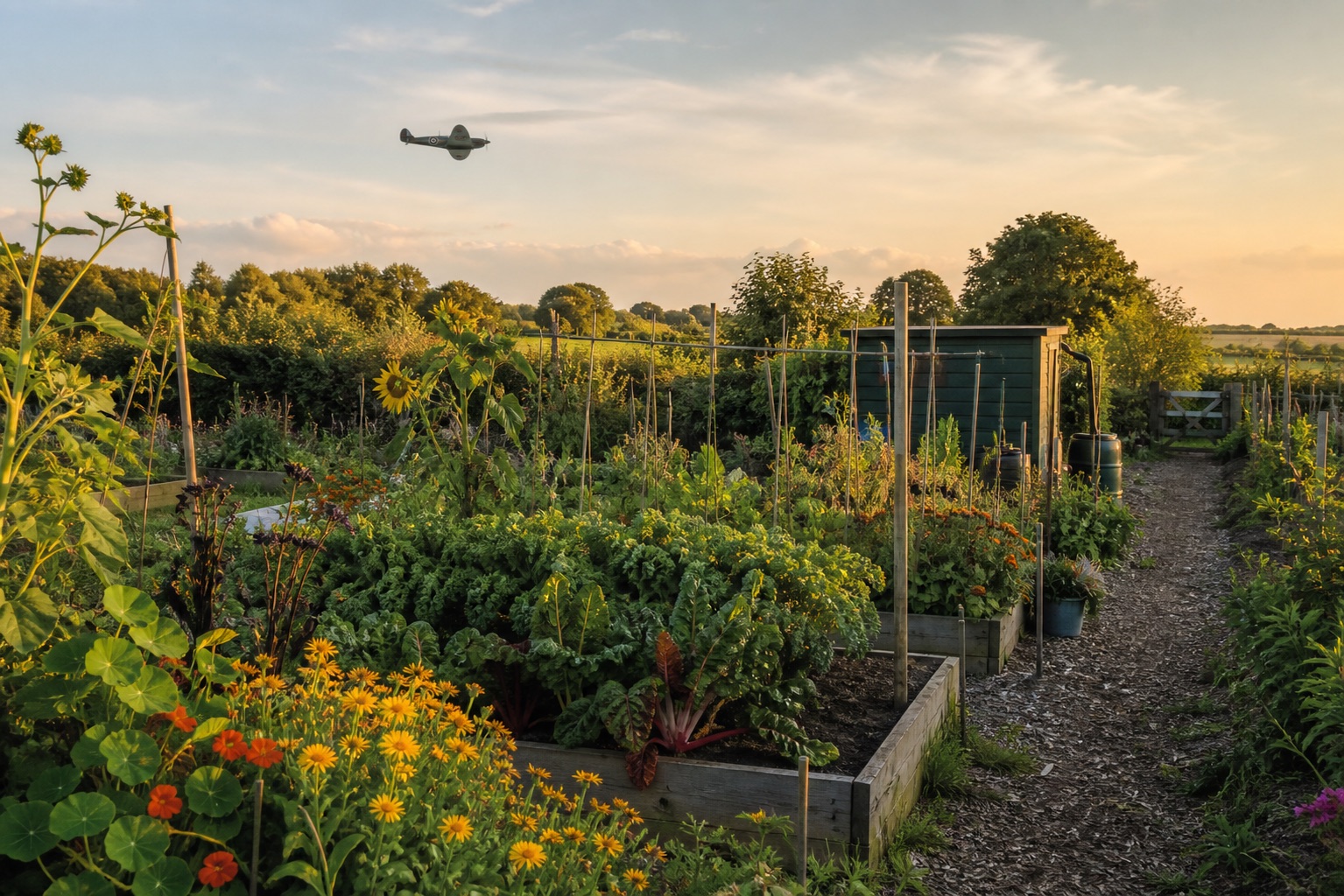 Sunlit allotment beds with flowers, vegetables, and a small heritage aircraft in the sky